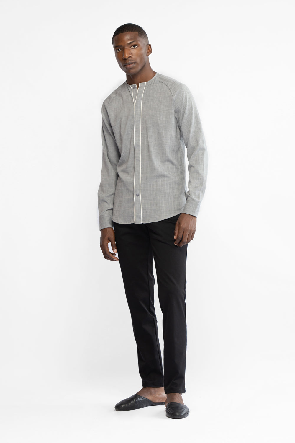 PIPED COLLARLESS SHIRT