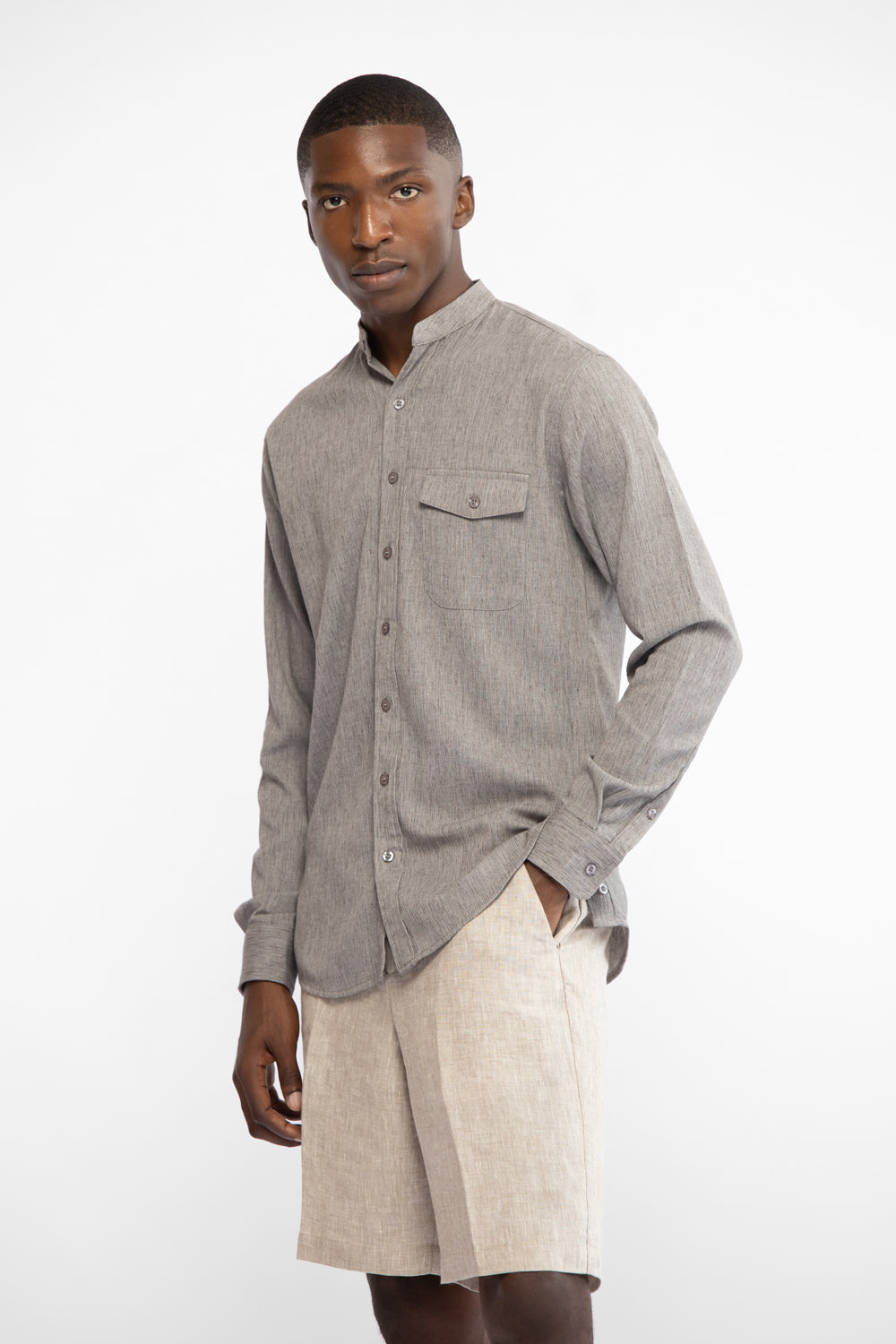 Men's white linen/cotton blend grandad collar shirt