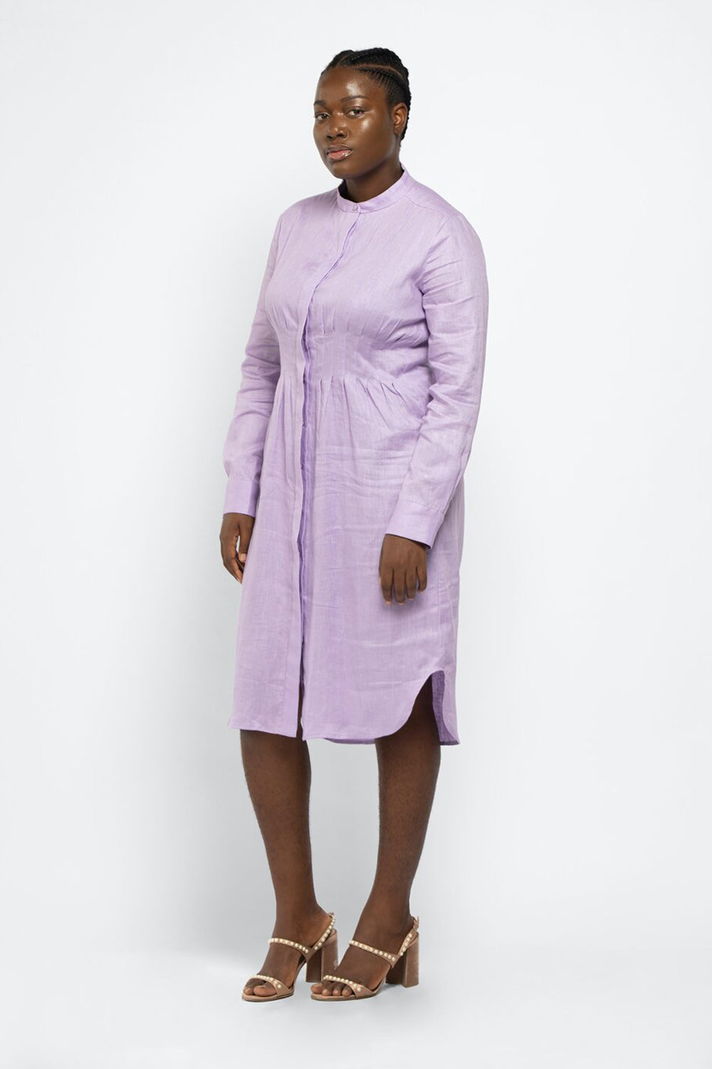 PLEATED WAIST LINEN DRESS