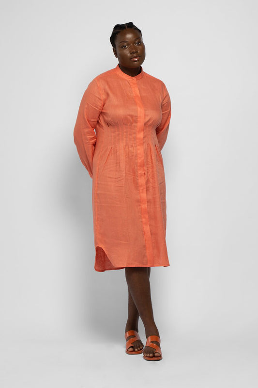 PLEATED WAIST LINEN DRESS